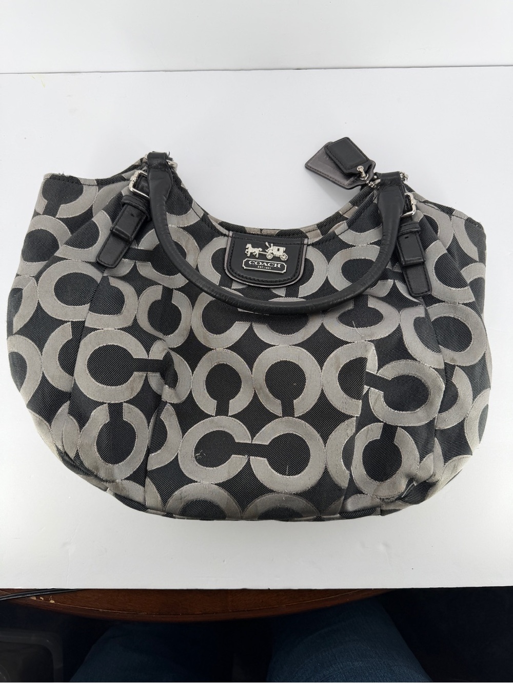 Coachโ Black and Gray Signature Hobo Bag